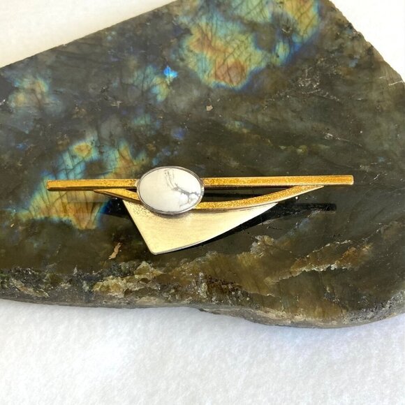 VTG Sterling Silver 925 Signed AJV Modernist MCM Geometric Brooch Brass Accent - Picture 1 of 16